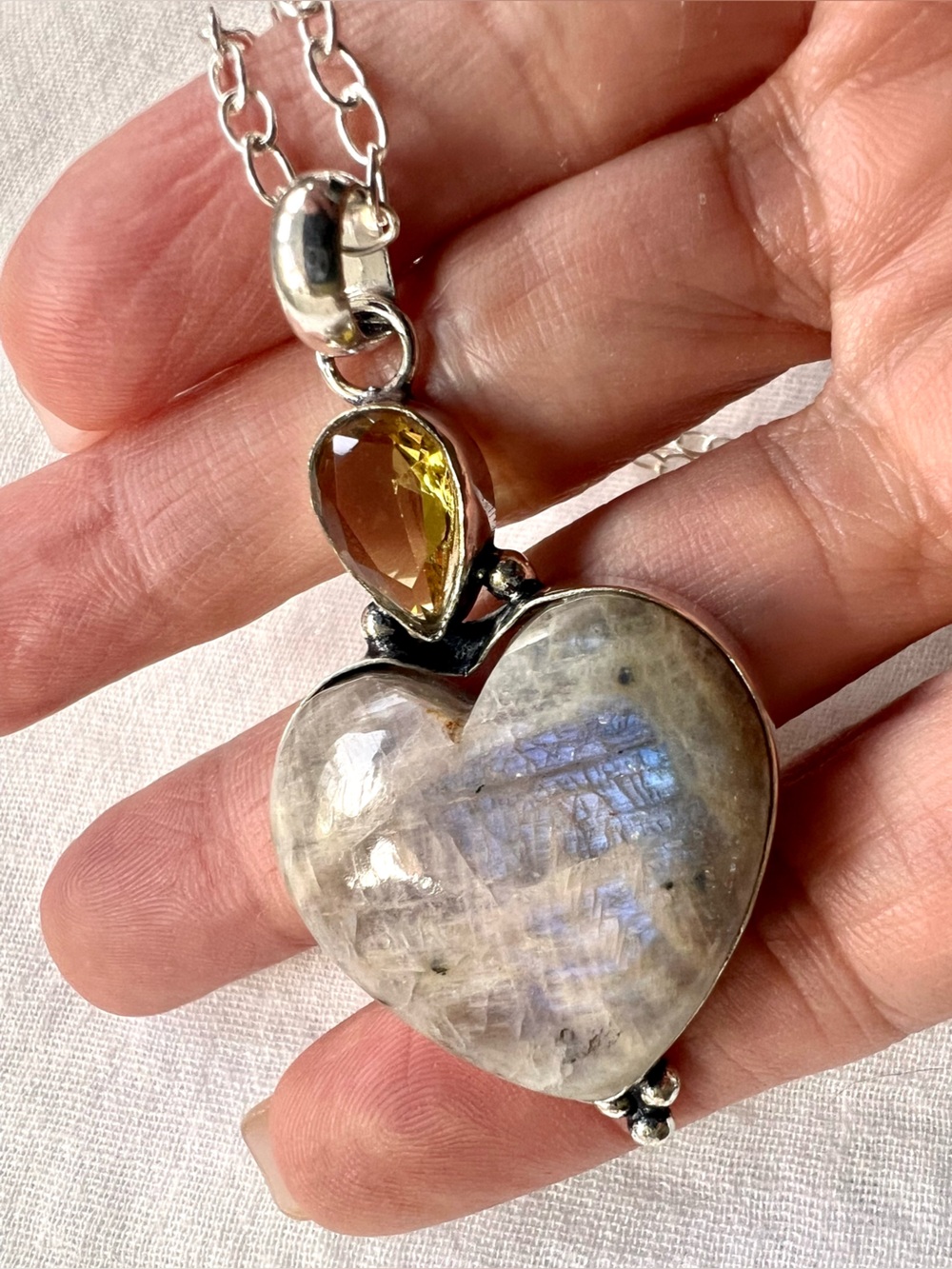 925 Gaia Moon Chocolate Blue Flash Moonstone Heart Pendant Necklace